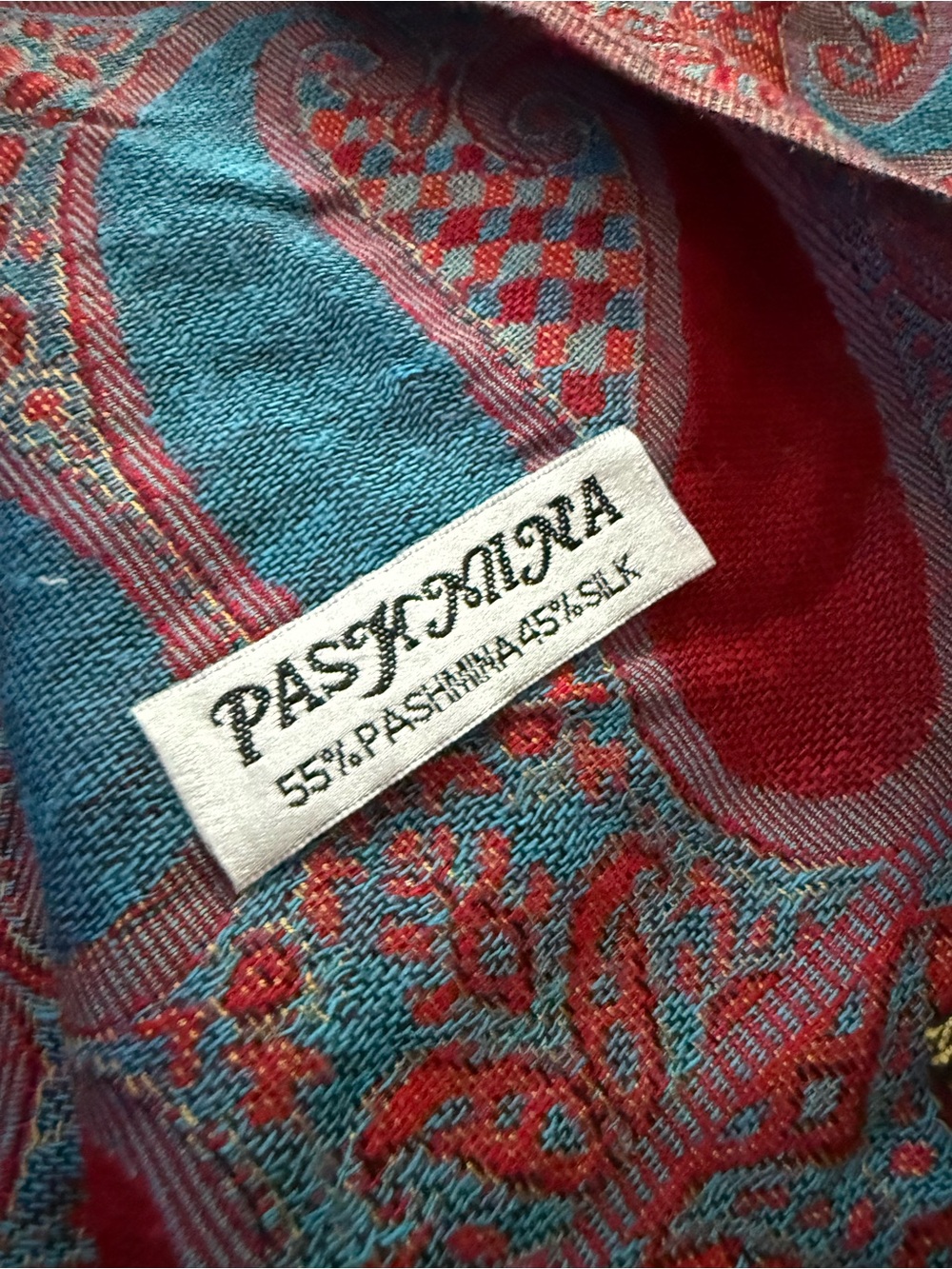 Pashmina Red & Turquoise Paisley Fringe Shawl - Picture 4 of 4